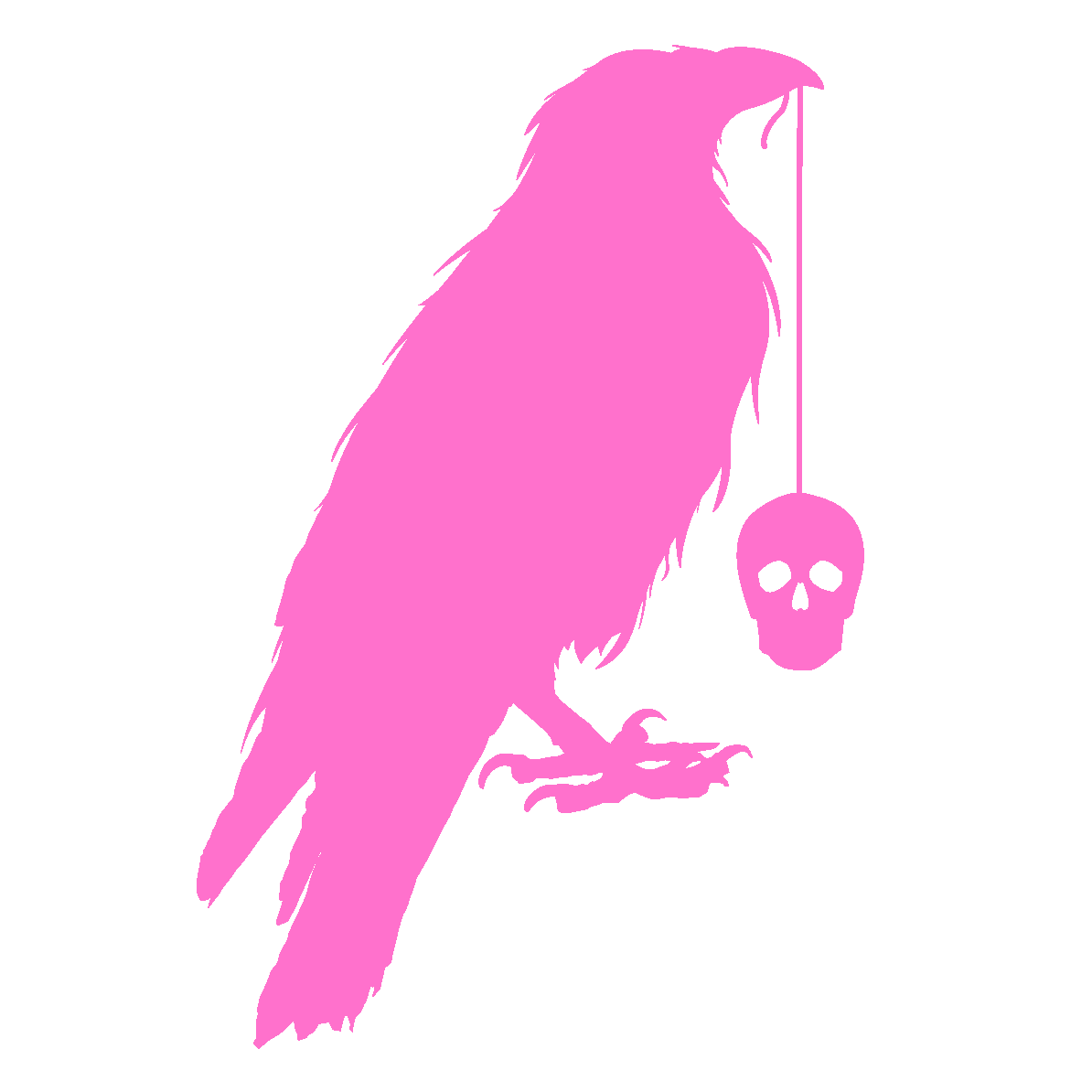 logo of a raven holding a skull on a string