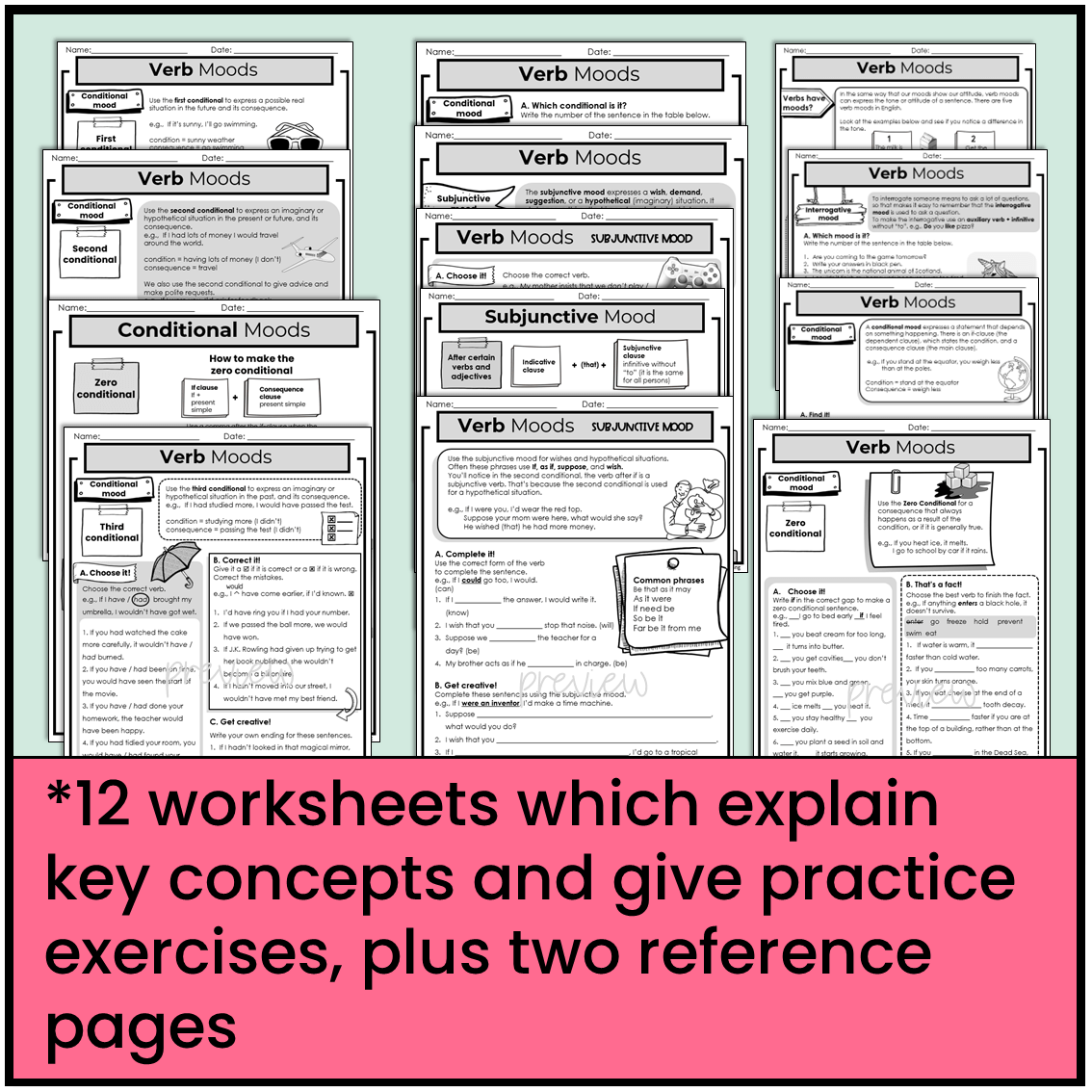12 worksheets which explain key concepts and give practice exercises plus two reference pages