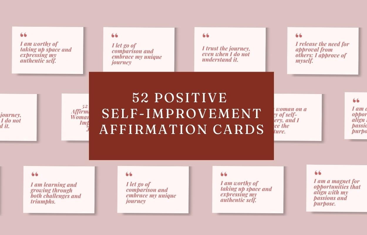 52 positive self-improvement affirmation cards in digital download format