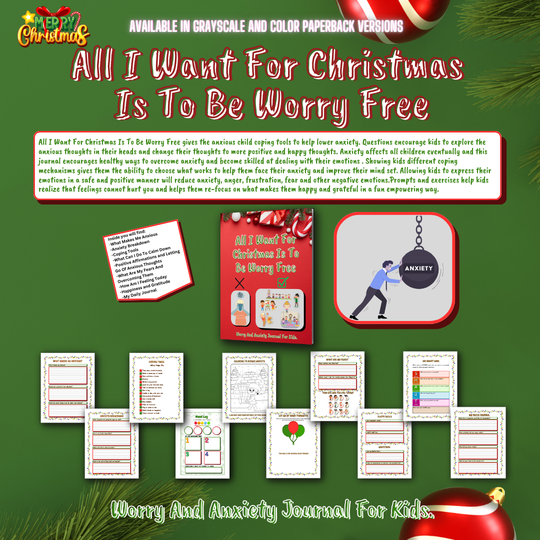 All I Want For Christmas Is To Be Worry Free is a guided anxiety journal gives the anxious child coping tools to help lower anxiety.   This is a printable journal for kids ages 5 and up.