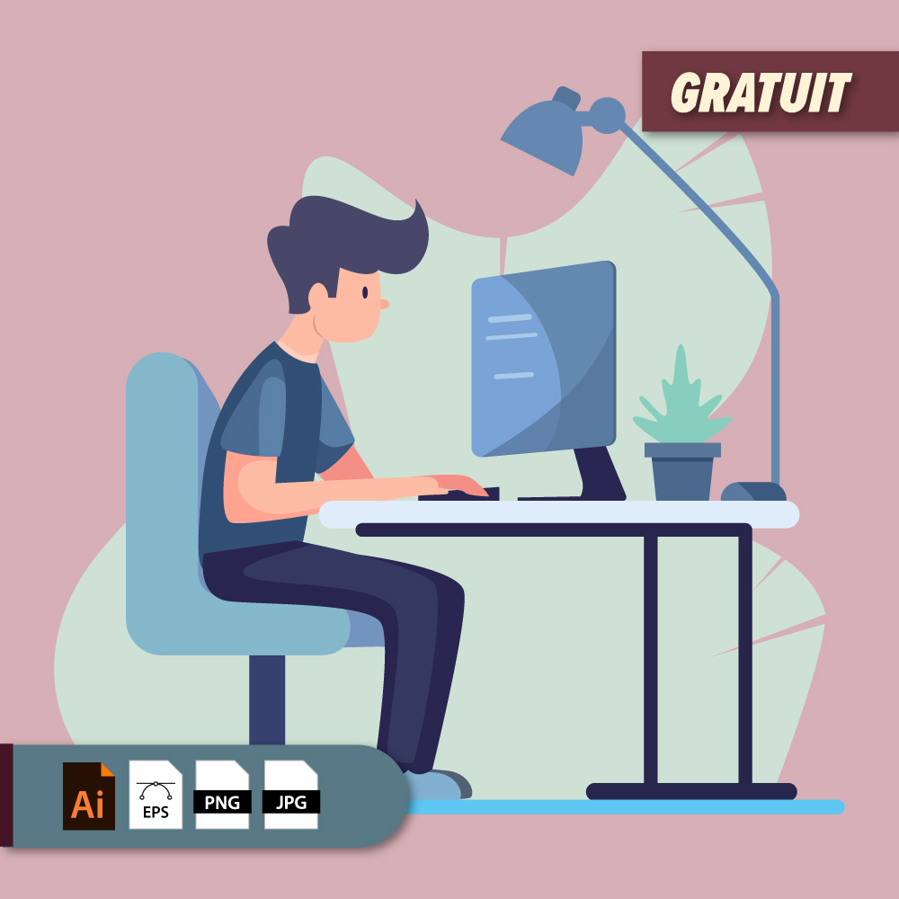 Etudiant travaillant sur son ordinateur - Illustration vectorielle