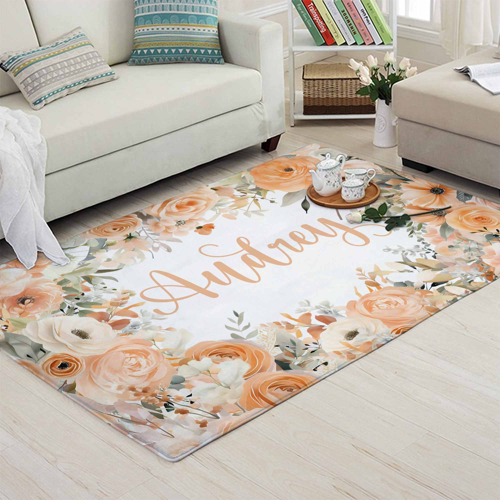 Peach Floral Custom Name Rug - Payhip