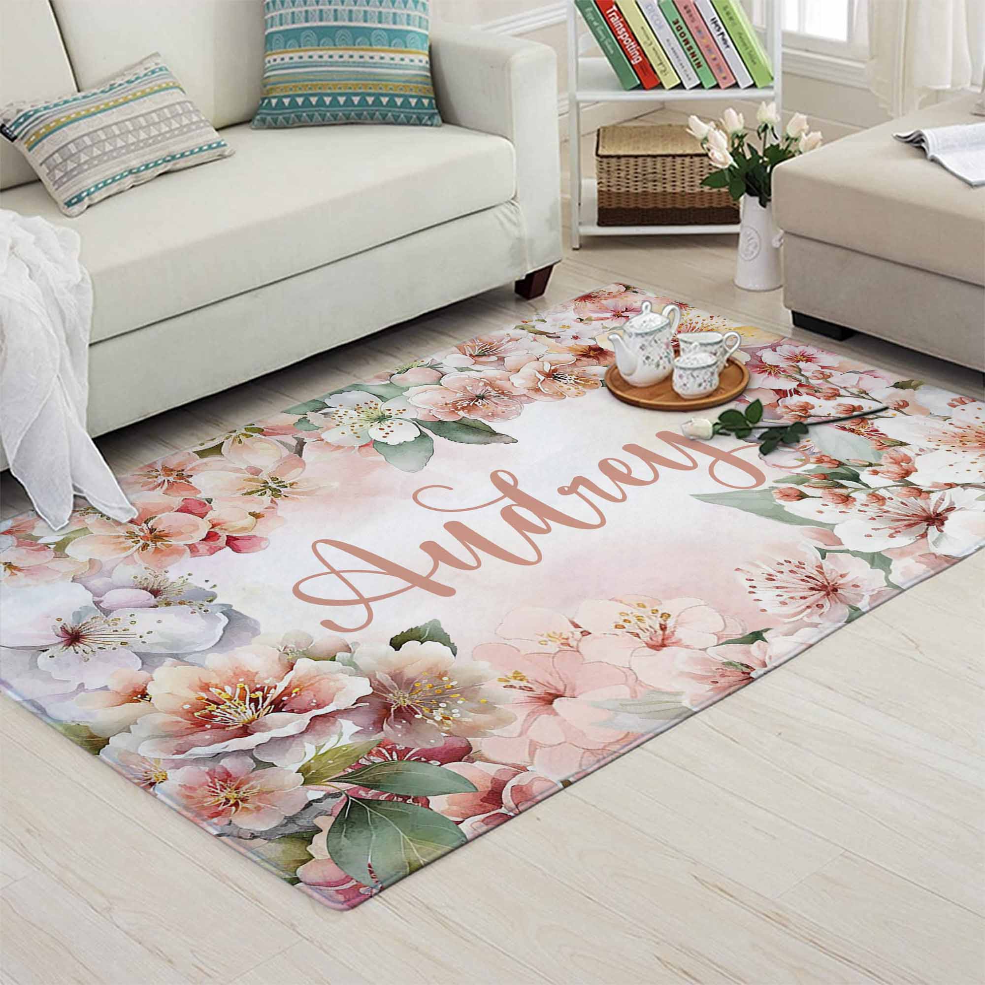 Cherry Blossom Floral Custom Name Rug - Payhip