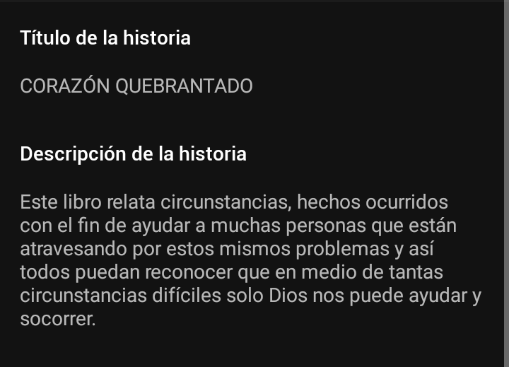 Este libro relata circunstancias, hechos ocurridos con el fin de ayudar a muchas personas que están atravesando por estos mismos problemas y así todos puedan reconocer que en medio de tantas circunstancias difíciles solo Dios nos puede ayudar y socorrer.
