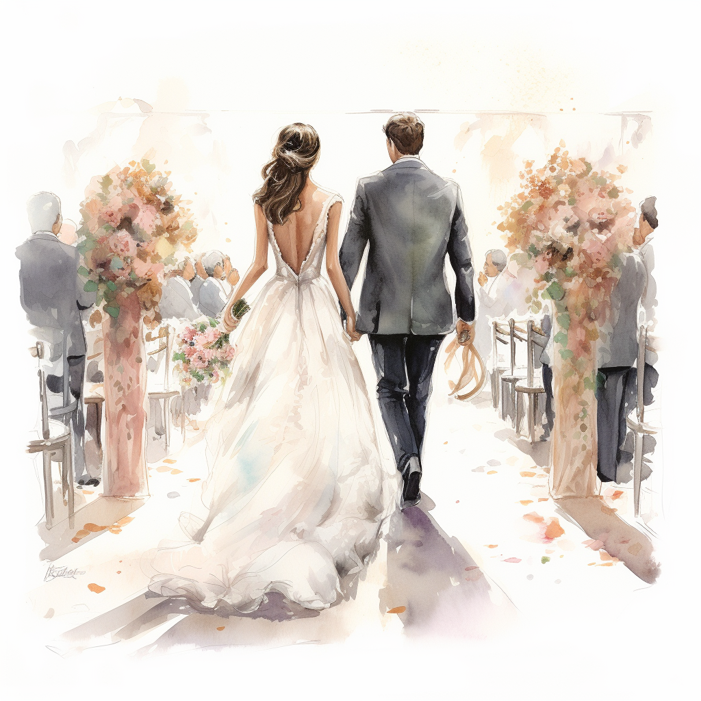 Watercolor image of couple after wedding ceremony
