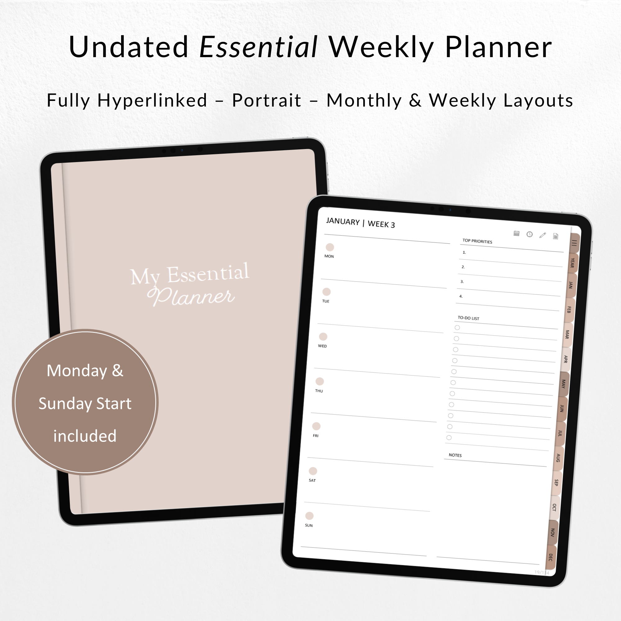 Undated Hyperlinked Digital Planner  Minimalist Monthly Weekly Layouts &  Notes Templates