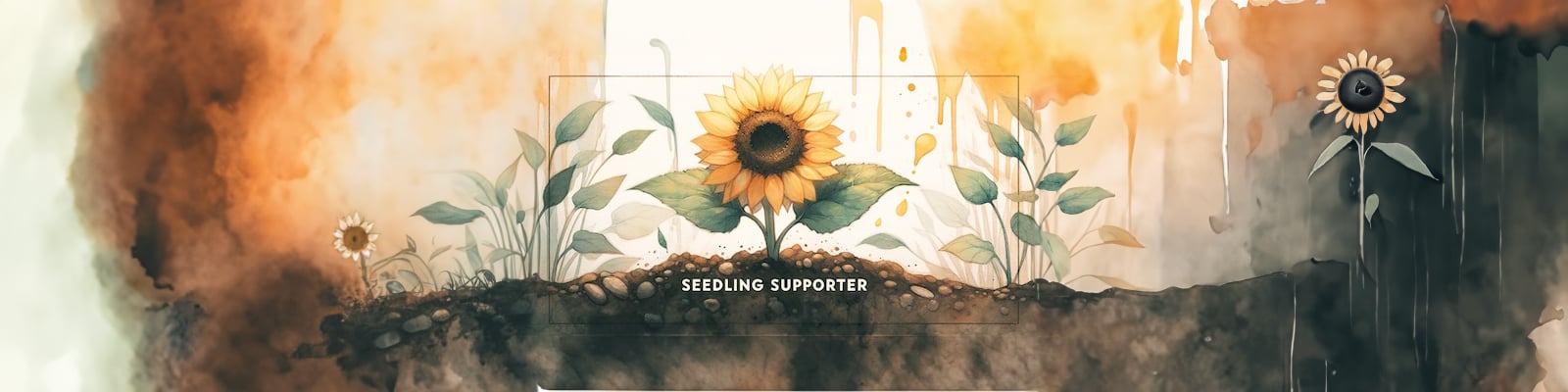 The 'Seedling Supporter' banner is a serene and evocative image that beautifully aligns with the Healing-thru-AiArt brand's message of growth and rejuvenation. This panoramic image features a rich, earthy foreground where a single, vibrant sunflower seedling stands tall and proud, flanked by delicate leaves and smaller seedling plants, suggesting the nurturing environment of a supportive community. The soil is rich and textured, indicative of fertile ground for growth and healing. Paint-like splashes and drips add an artistic, creative flair to the scene, while the warm, diffuse background with hints of sunlit clouds provides a gentle contrast that highlights the sunflower's symbolism of positivity and strength. This image speaks to the heart of the Healing-thru-AiArt mission, representing the nurturing of lives and the support that fosters healing and personal development through the arts.