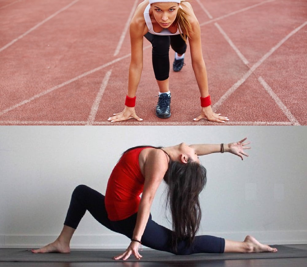 split image female runner at a start up and woman in yoga pose