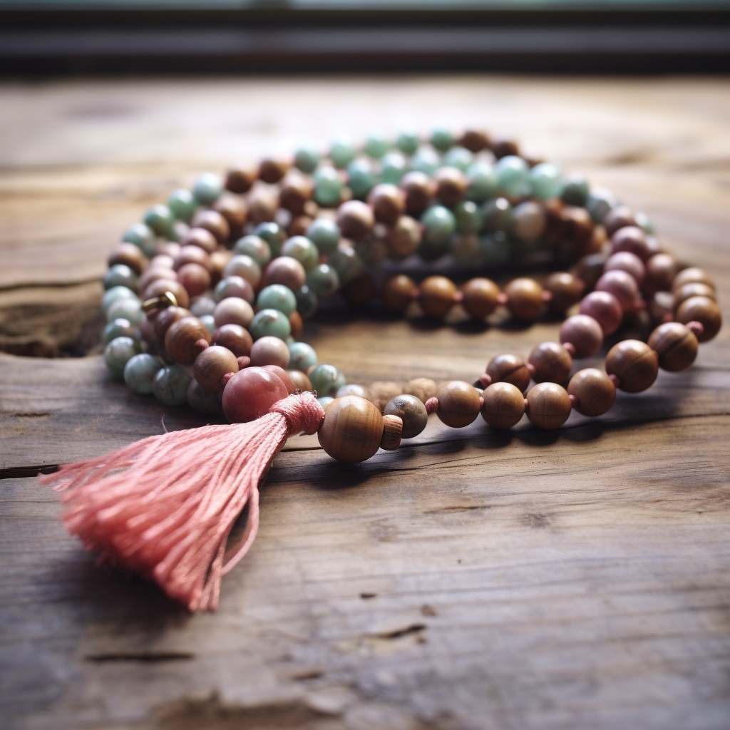 mala beads laying on a wooden surface