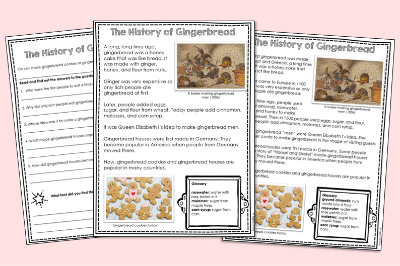Reading passages about the history of gingerbread.