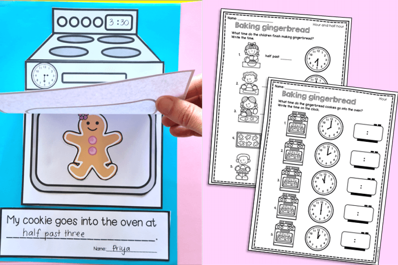 Worksheets about telling the time and a craft with an oven and gingerbread cookie inside.