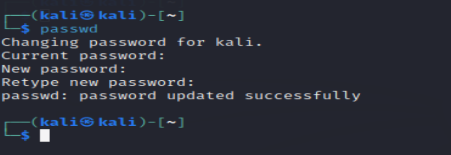 a screenshot that shows the password change command for kali