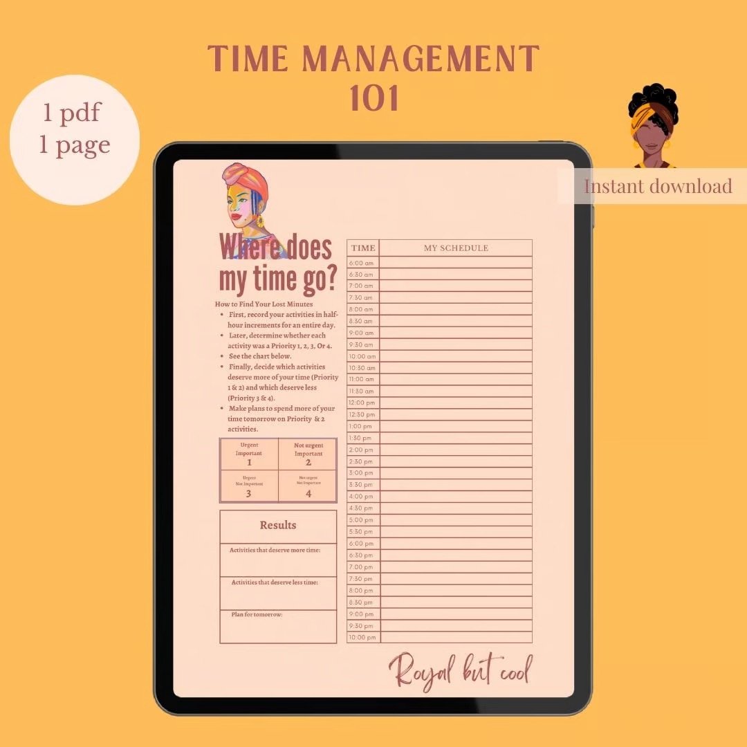 Time management 101, promodoro technique , digital planner , digital products, royal but cool, priorities, to do list, weekly planner, monthly planner
