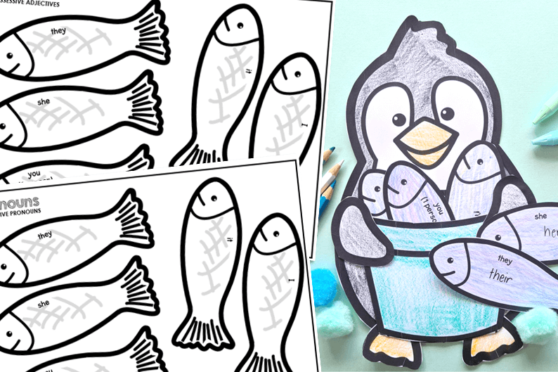 Penguins with a bucket of fish with pronouns on them.