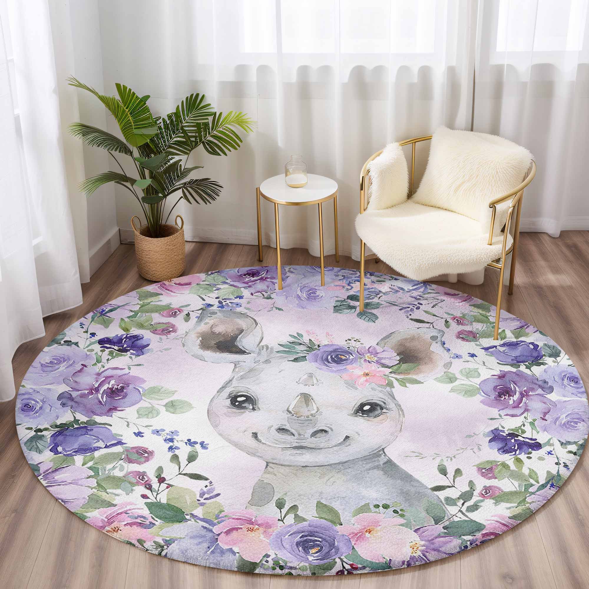 Rhino Rug Baby Rhino Lavender Pink Floral Round Rug - Payhip