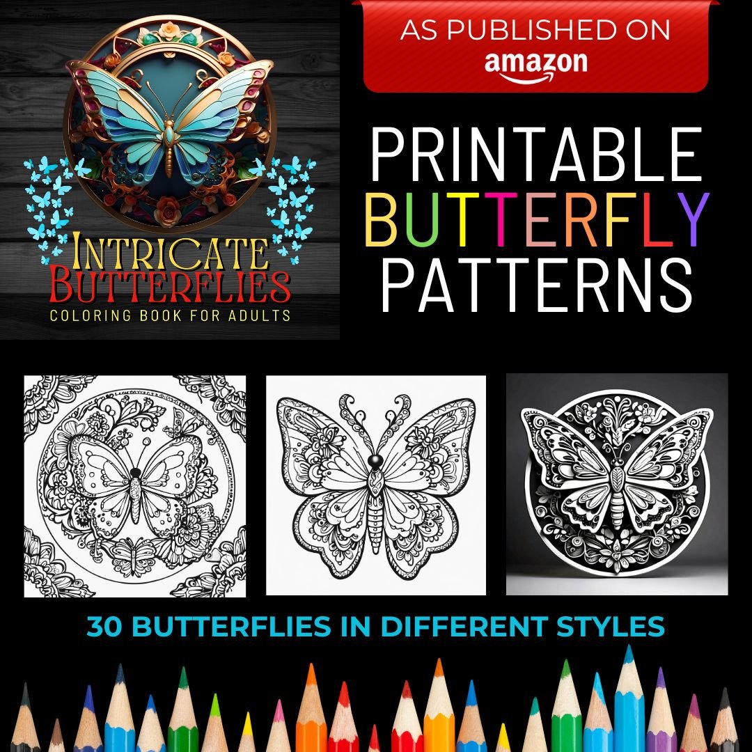 Butterfly Patterns for Adults, Adult Coloring Book, Amazon Coloring Books, Coloring Pages for Adults, Intricate butterfly patterns, Coloring, Meditation Coloring book