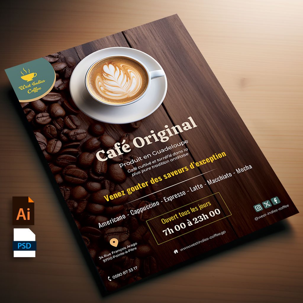 Flyer pour café. Template personnalisable pour Illustrator ou Photoshop