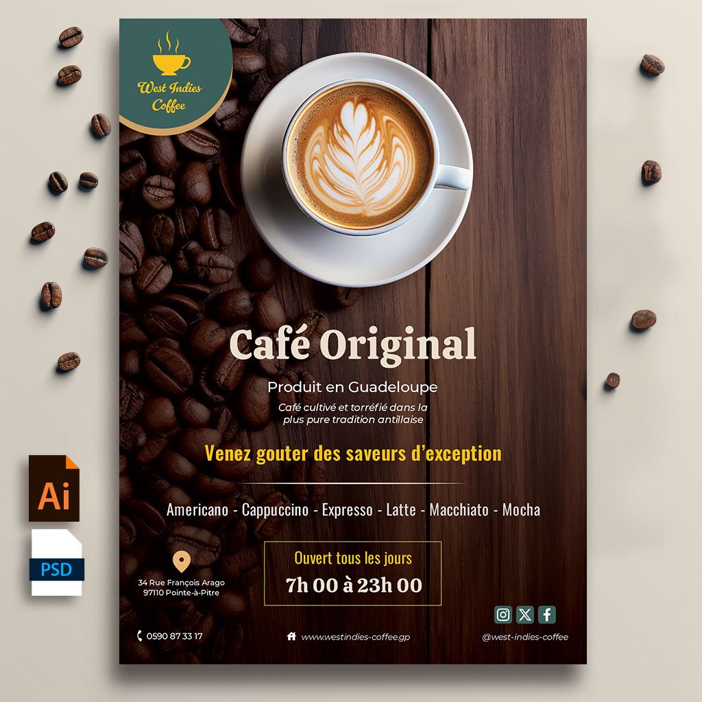 Flyer café ou coffee shop. Template pour café ou coffee shop. Fichier AI et PSD. Pour Photoshop et illustrator