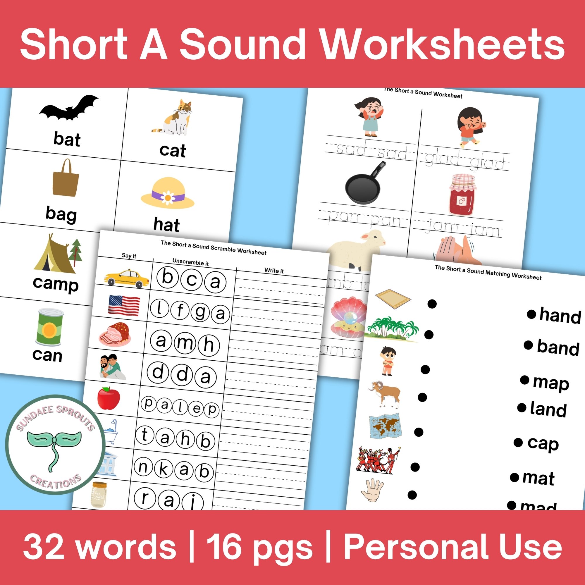 Short a Sounds Worksheets - 32 Words - Payhip