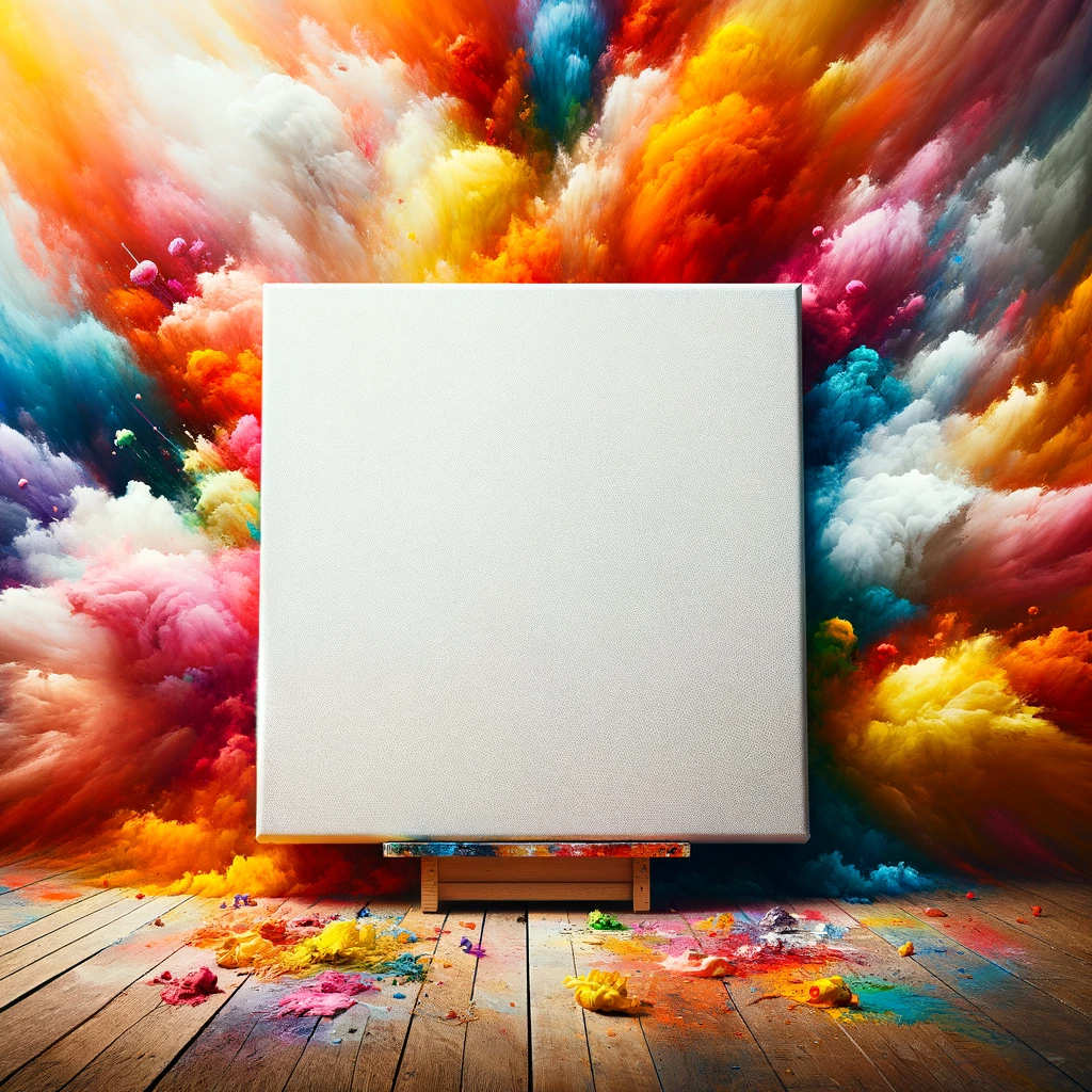 A blank canvas set against a backdrop of vibrant colors. The canvas should be pristine and untouched, representing a space waiting