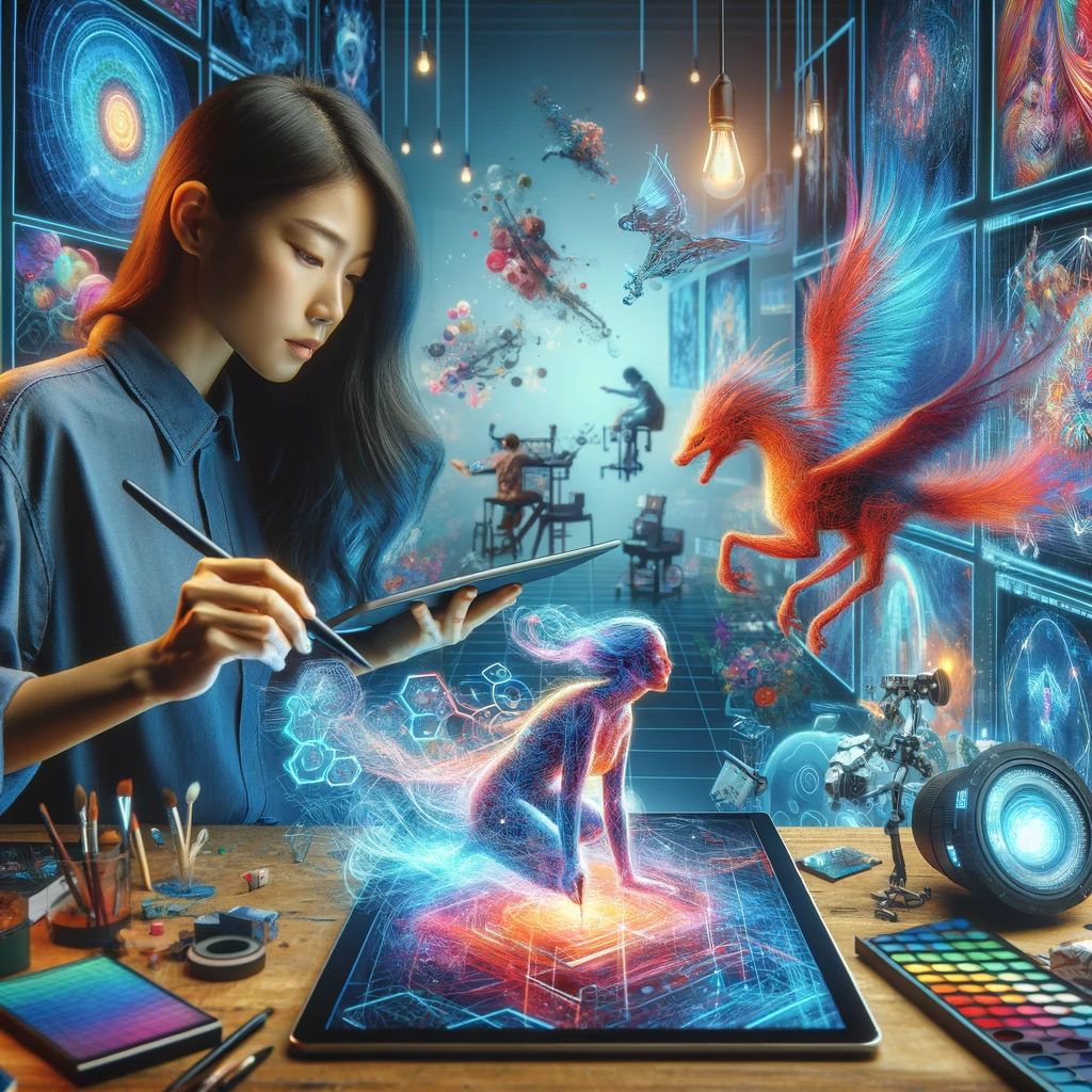 A digital artist creating a vibrant, futuristic artwork on a digital tablet, with a diverse array of digital art forms displayed in the background