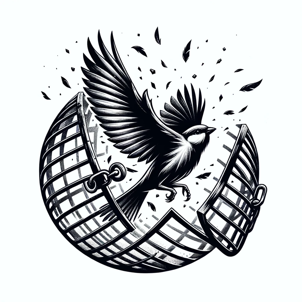 n image of a bird breaking free from a cage. The bird should be depicted in the moment of escape, wings spread wide, symbolizing the