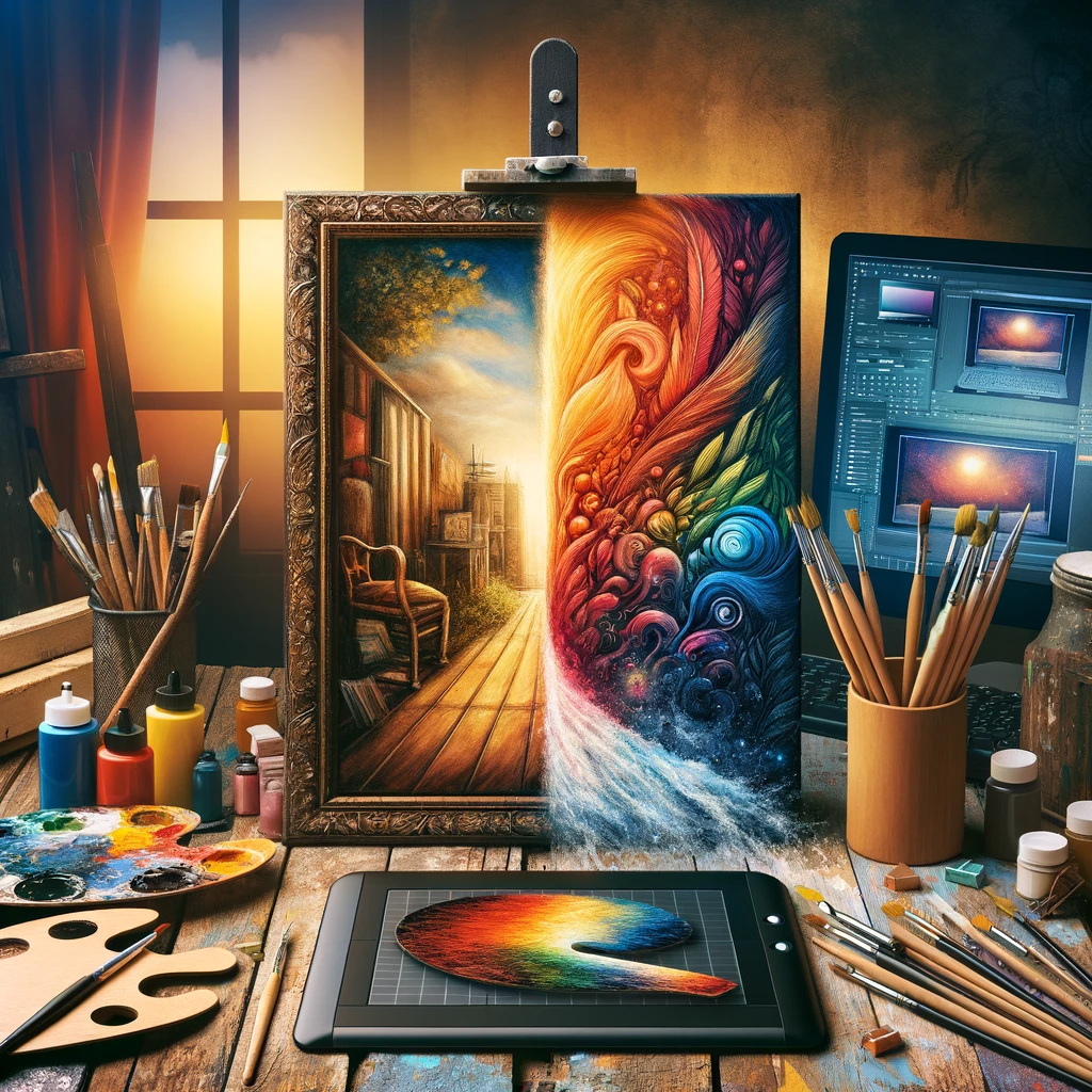 A visually striking composition showcasing the fusion of digital and traditional art