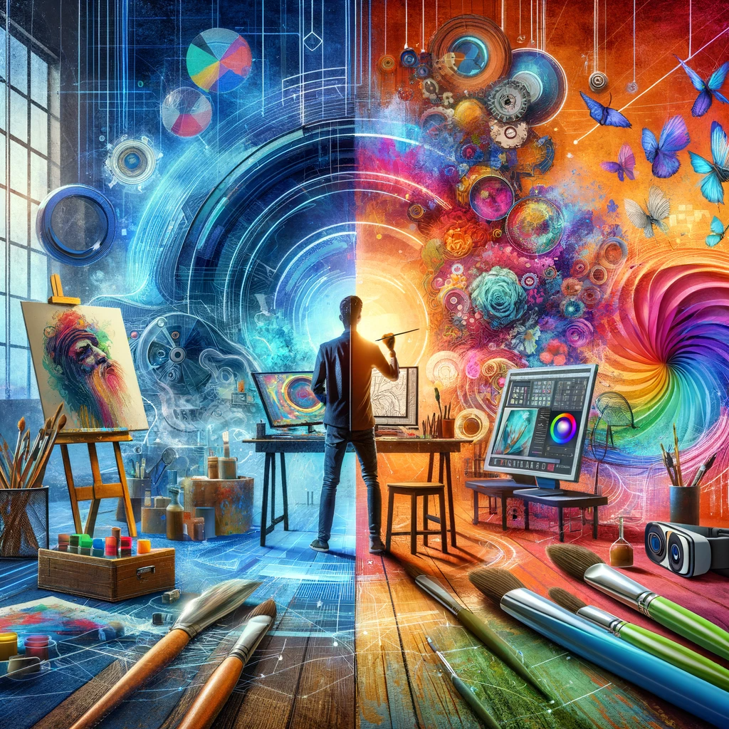 A vibrant and modern composition illustrating the impact of digital art in the art world. The image showcases a digital artist at work in a studio.
