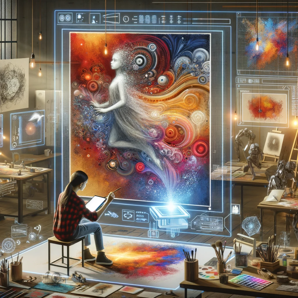 An illustration showing an artist using AI technology to create digital art