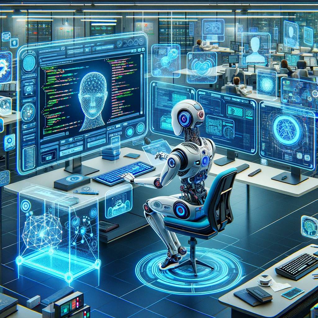 An illustration depicting an AI chat architect creating a customized ChatGPT. The scene shows a futuristic workspace