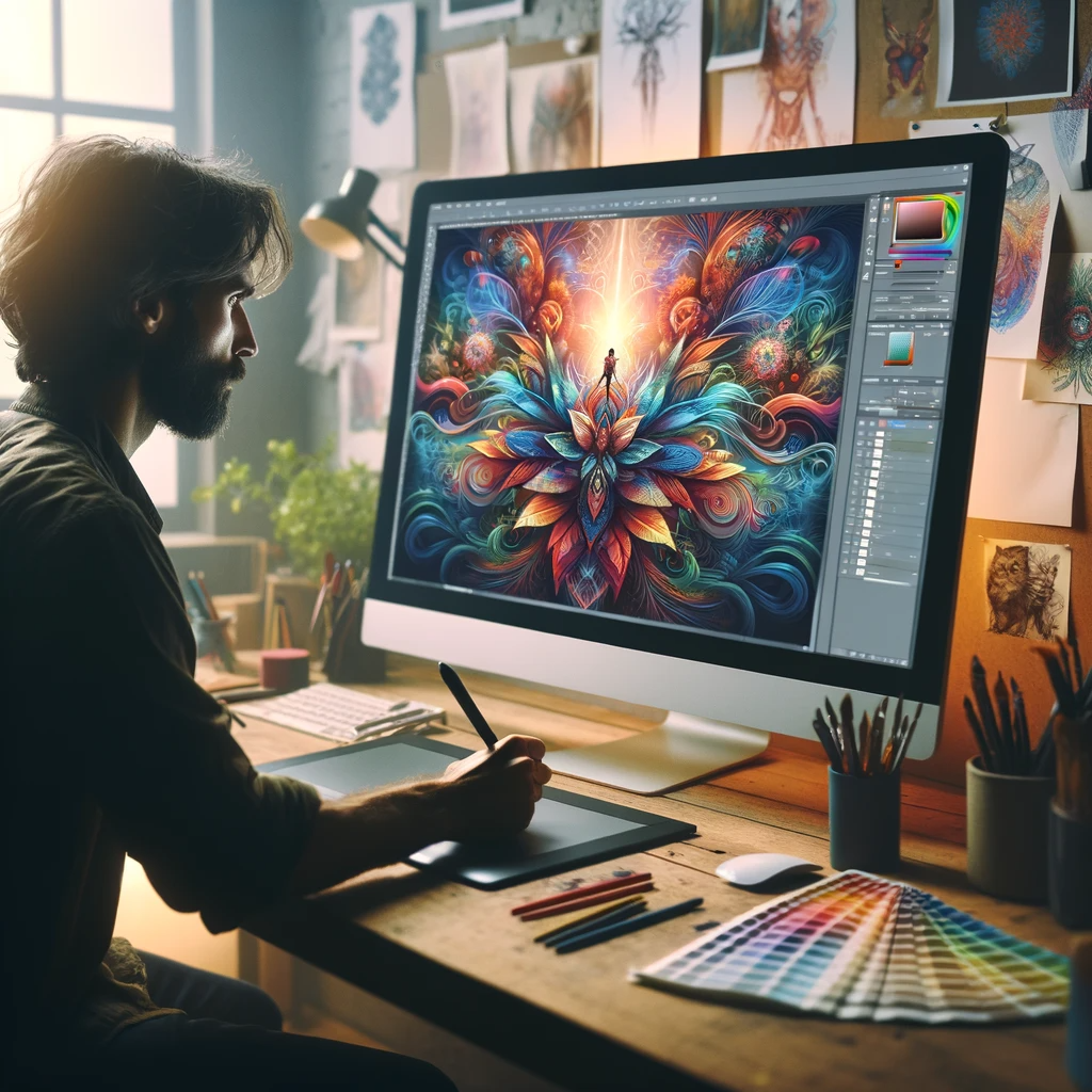 A digital artist deeply engrossed in creating digital art. The artist is sitting in front of a large, high-resolution digital screen, with vibrant colors