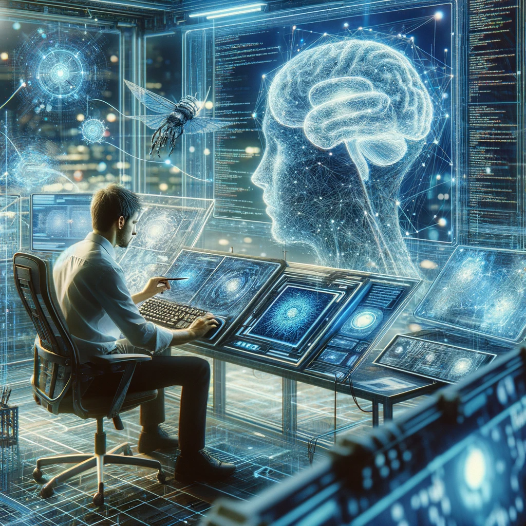 A portrayal of a 'ChatGPT architect' creating customized ChatGPT models in a futuristic workspace