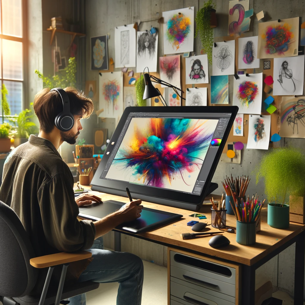 An artist sitting in a modern, well-lit studio, intensely focused on creating digital art on a large, advanced drawing tablet