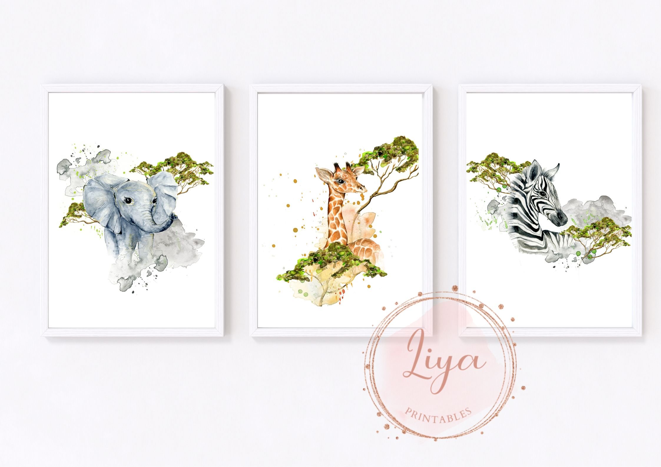 3 x Safari Animals Prints - Zebra, Elephant, Giraffe Wall Art - Safari ...