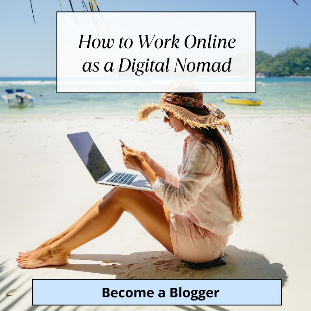 a woman sits on the beach with a laptop on her knees