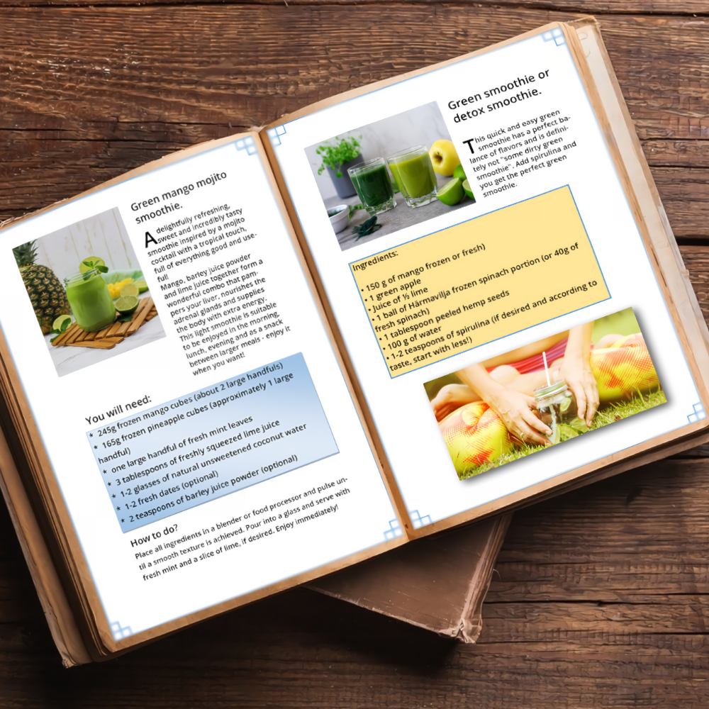 the smoothie recipe book is open on the table