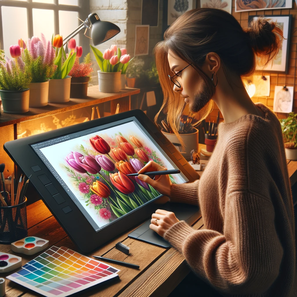 A digital artist, focused and engaged, creating a spectacular piece of art featuring beautiful tulips