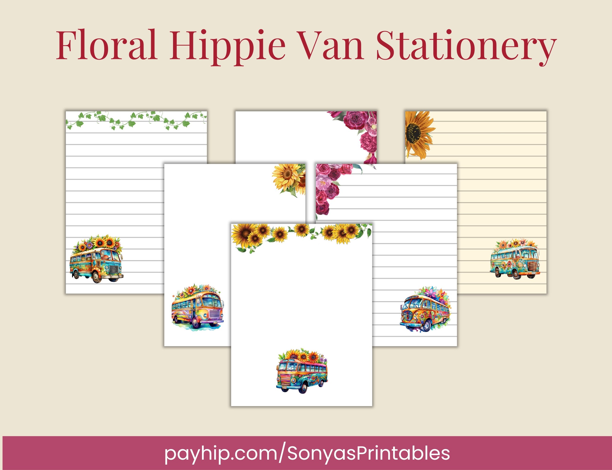 Bus Note Paper Floral Hippie School Bus Stationery | Printable Retro School Bus ...