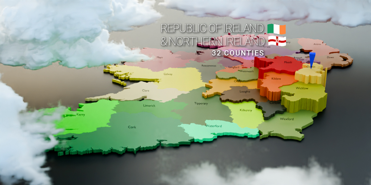 Republic of Ireland & Northern Ireland 32 Counties Map (3D Pre-rendered ...