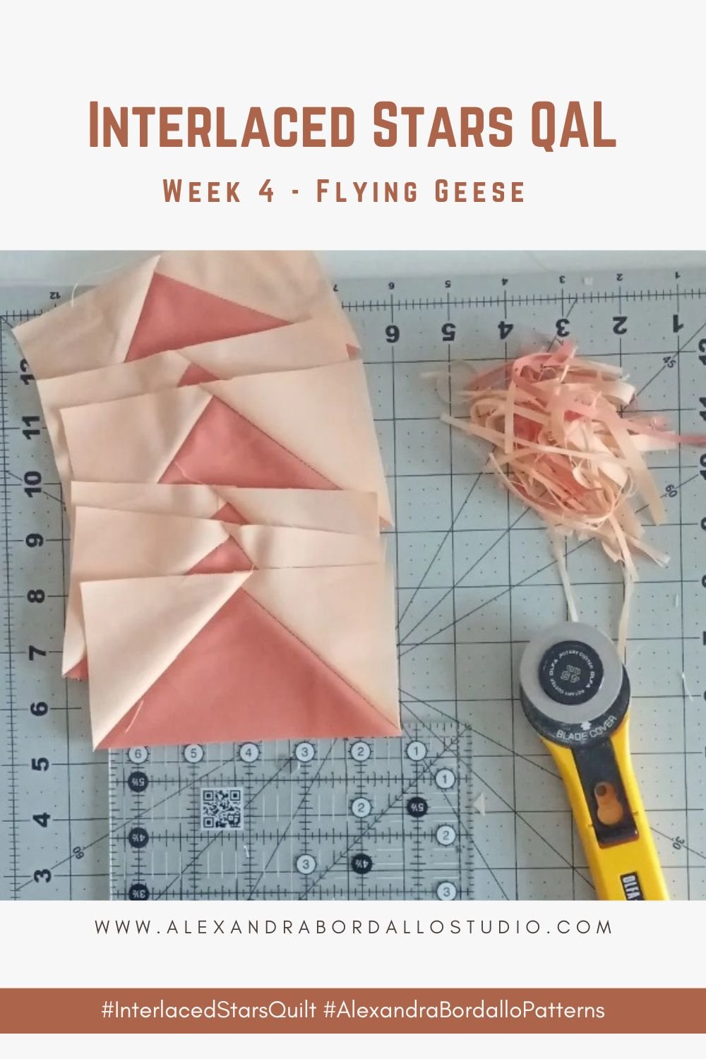 Interlaced Stars quilt pattern by Alexandra Bordallo. Flying Geese 4 at a time tutorial and cutting chart