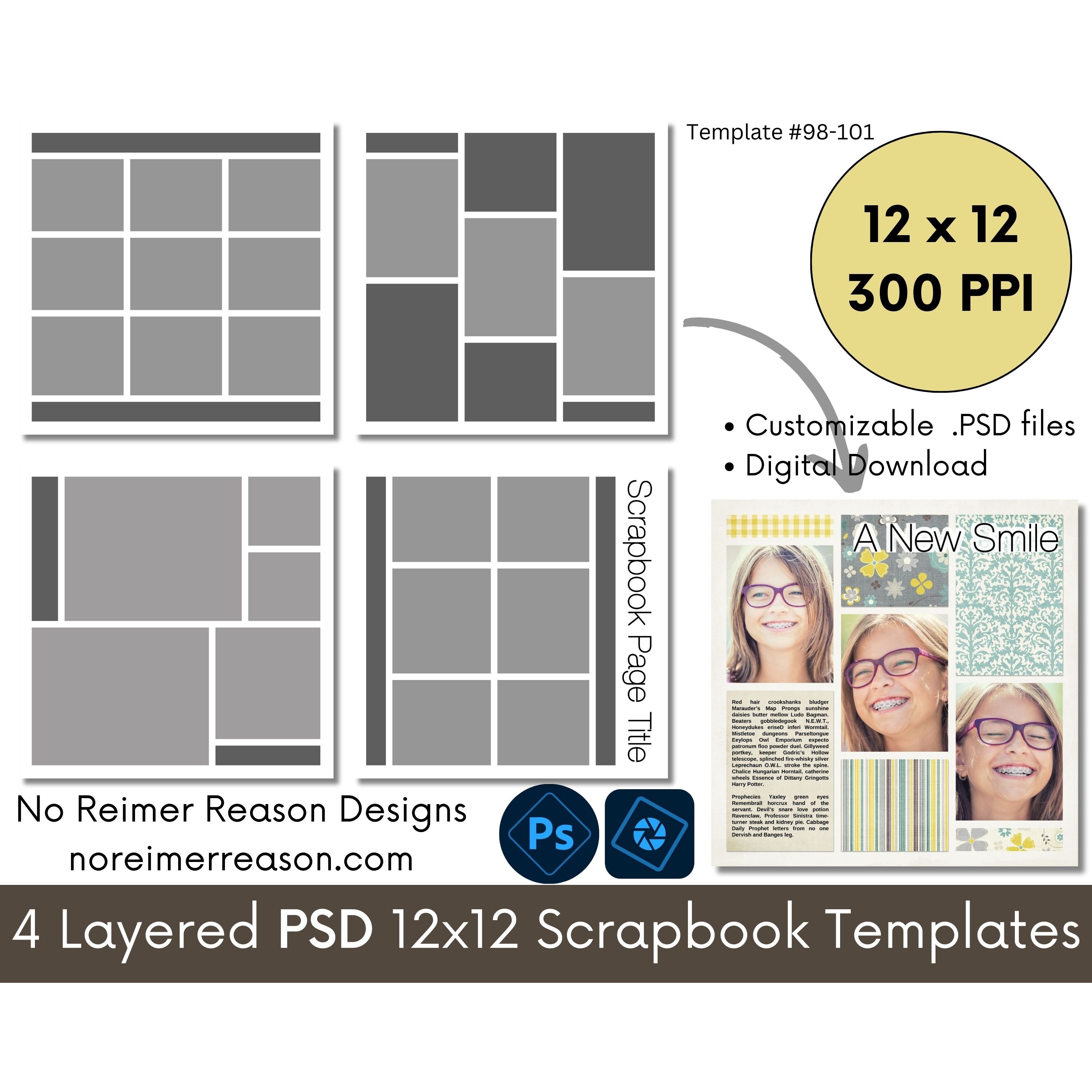 12x12 Digital Scrapbook Layout Templates for Photoshop/PSD #98, 99, 100 ...