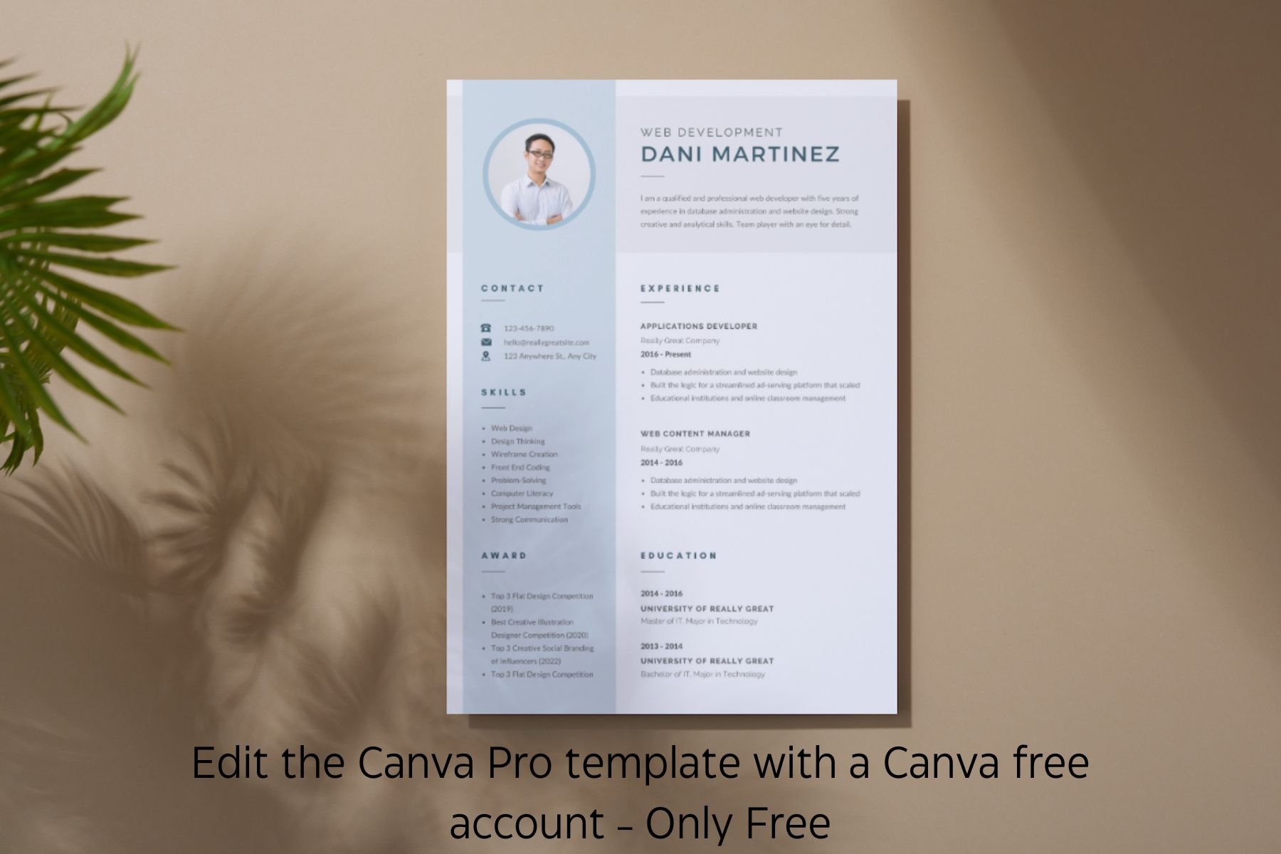 Blue Clean Professional CV Resume Template Canva Free | Edit the Canva ...