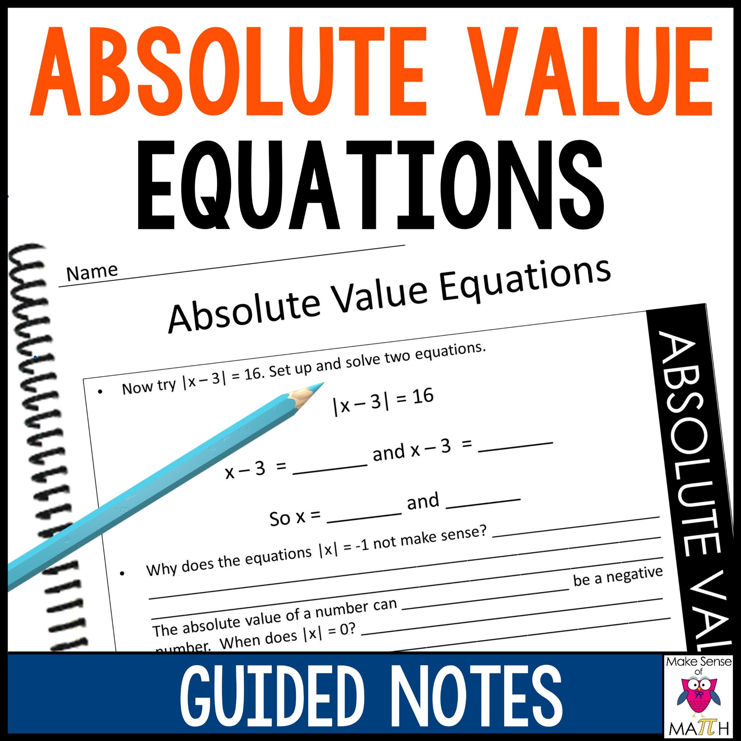 Solving Absolute Value Equations Guided Notes, image size:3000x3000