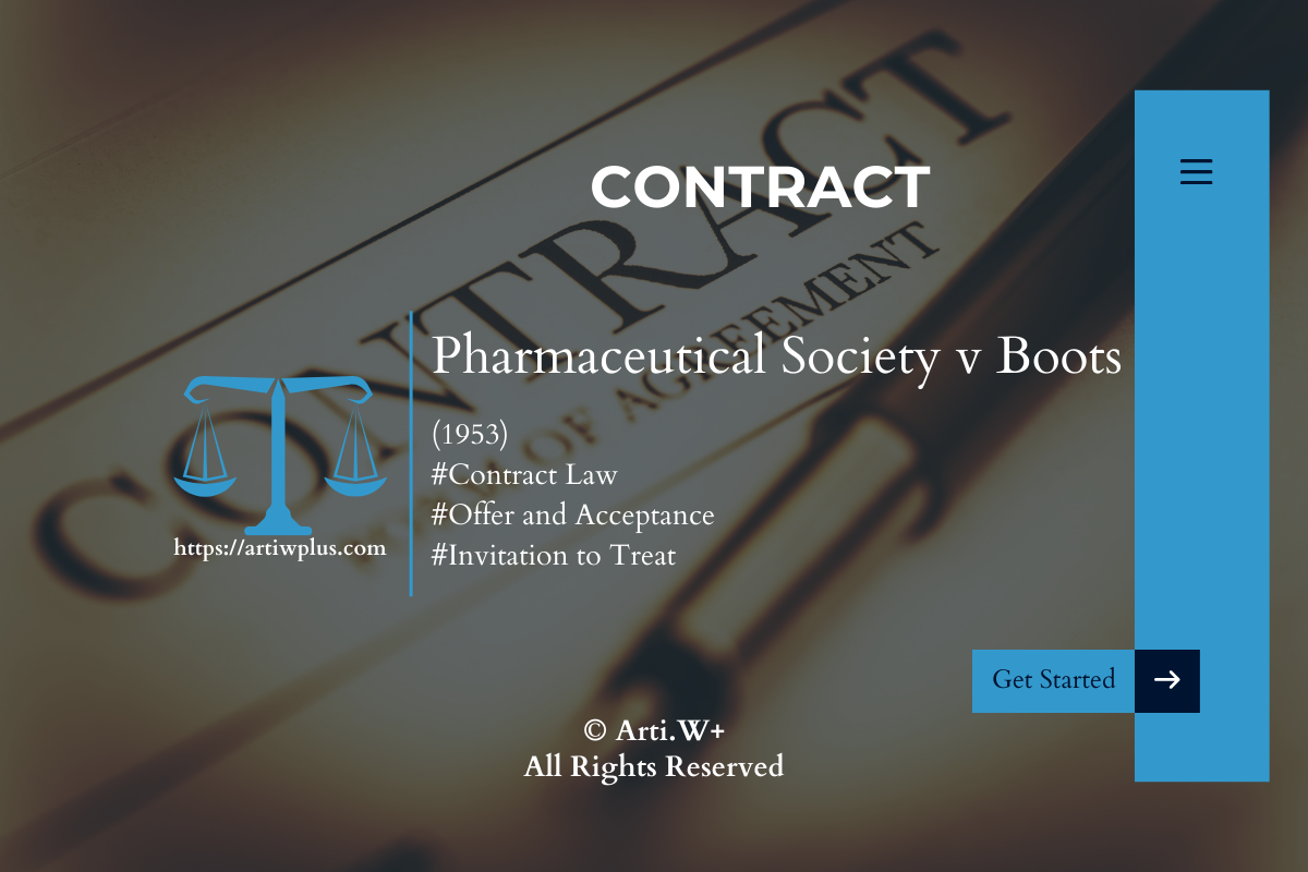 A legal contract themed image showing a gavel, scales of justice, and text related to the Pharmaceutical Society of Great Britain v Boots Cash Chemists (Southern) Ltd (1953) case in contract law.