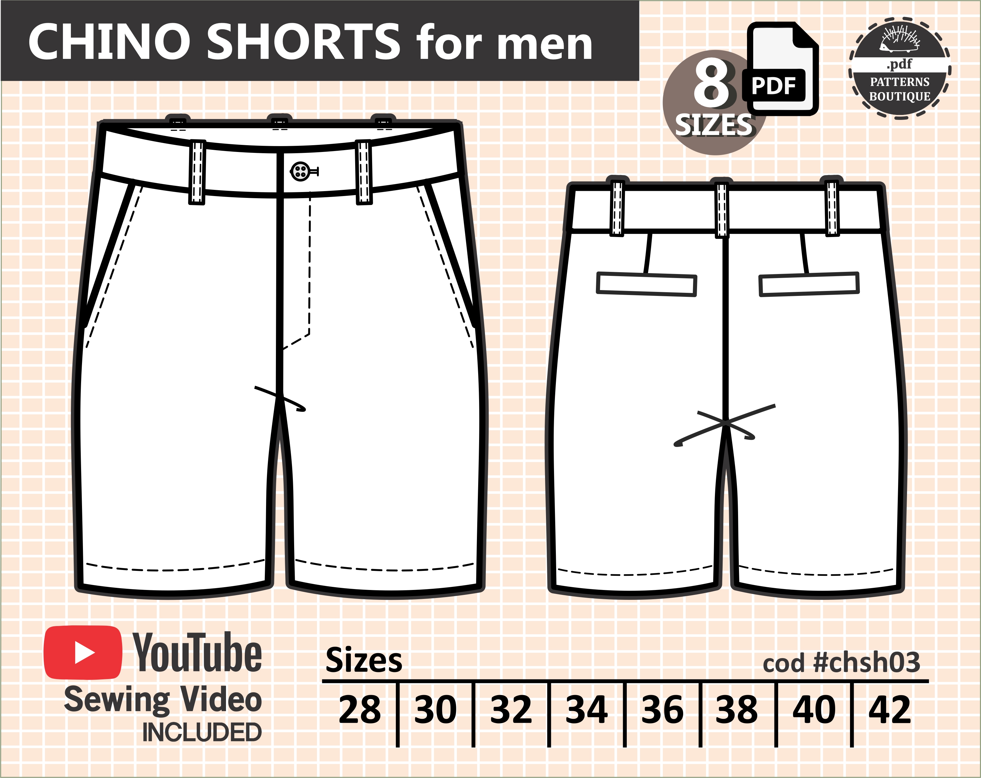 CHINO SHORTS for Men / PDF Sewing Pattern & Youtube Video / Khaki