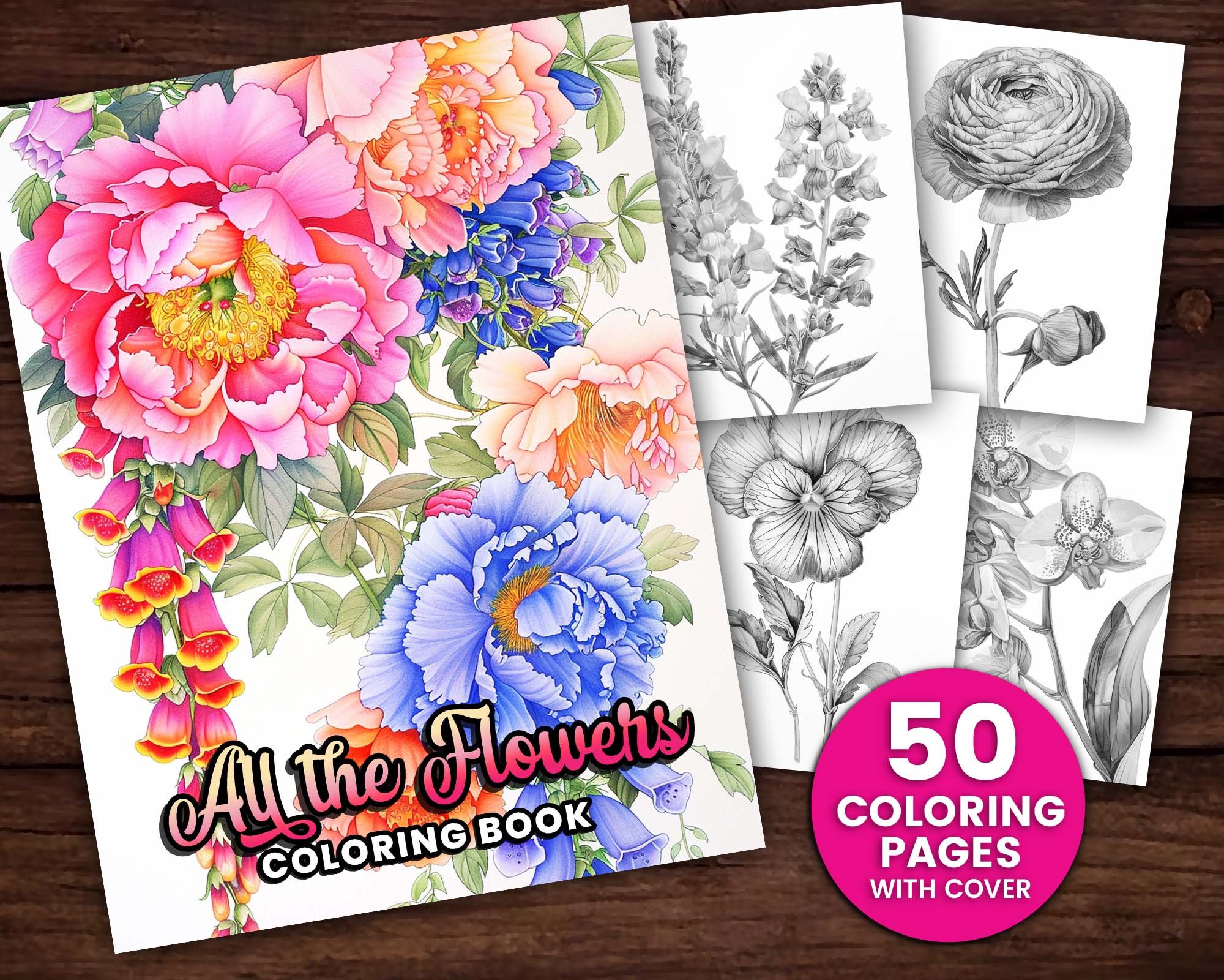 50 All the Flowers Coloring Page Book, Adults kids Instant Download ...