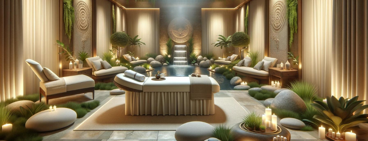 Immerse yourself in the tranquility of our Total Realignment Recovery 8-week program, showcased in this serene spa setting. The centerpiece, a plush massage table, stands ready for the innovative LifeWave X39 patch treatments that promise rejuvenation and