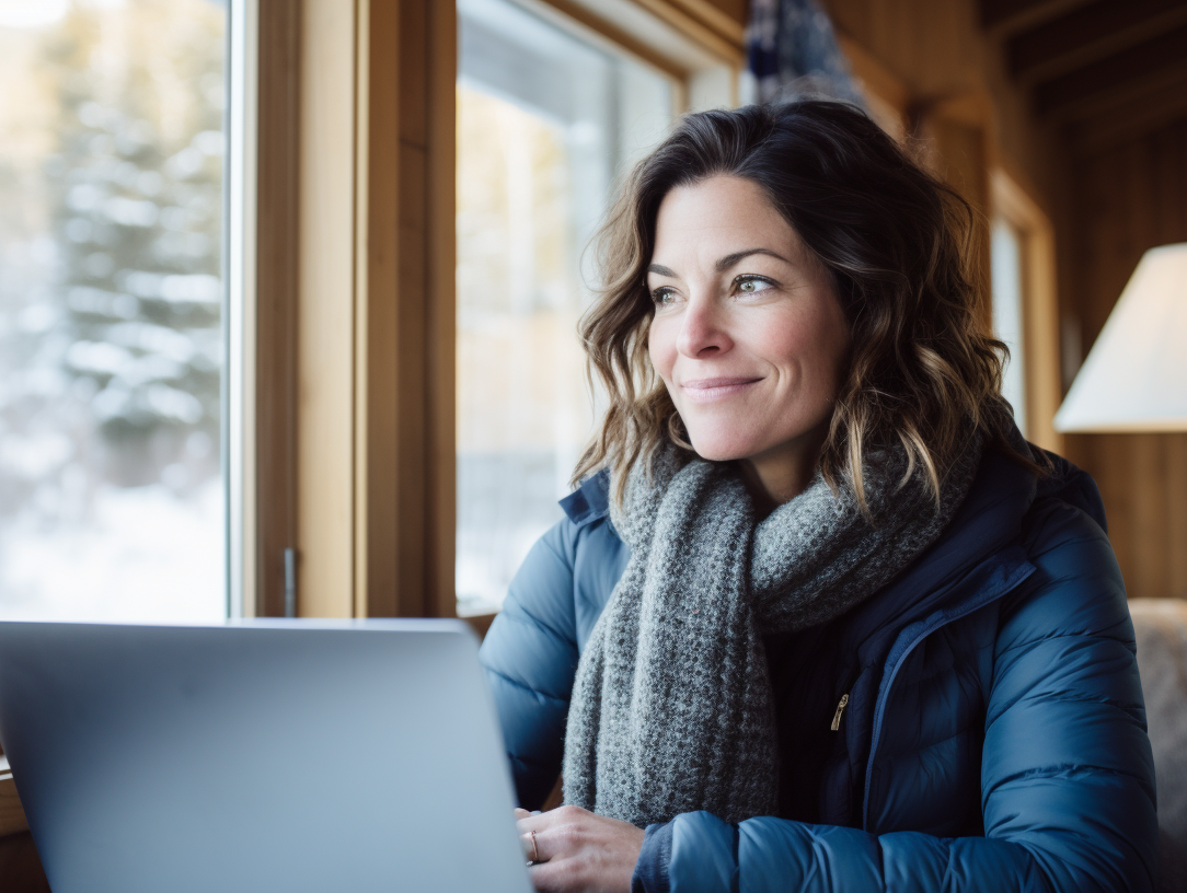 woman journaling on laptop by a window with a winter landscape