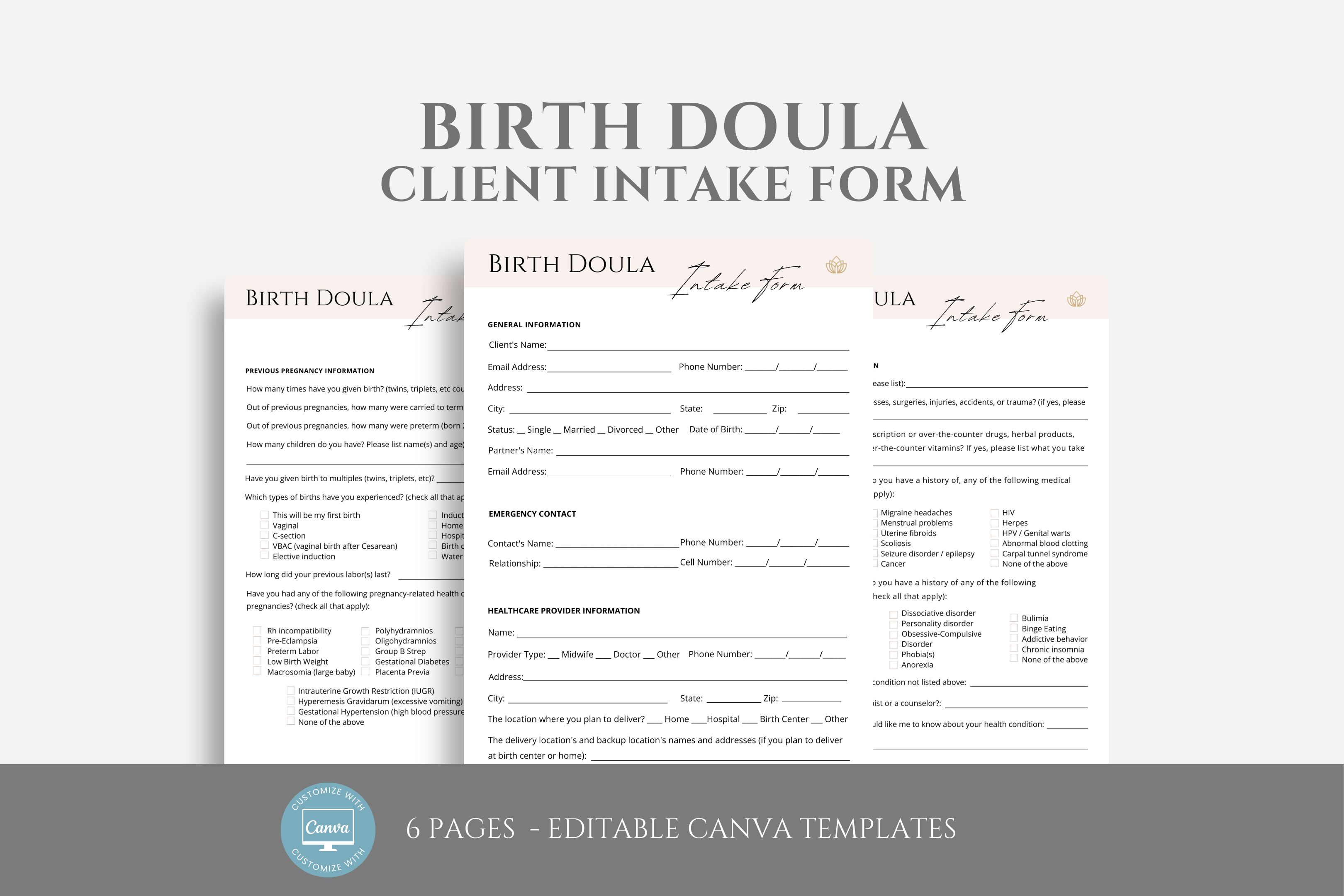 Editable Birth Doula Client Intake Form Template, Doula Business Forms ...