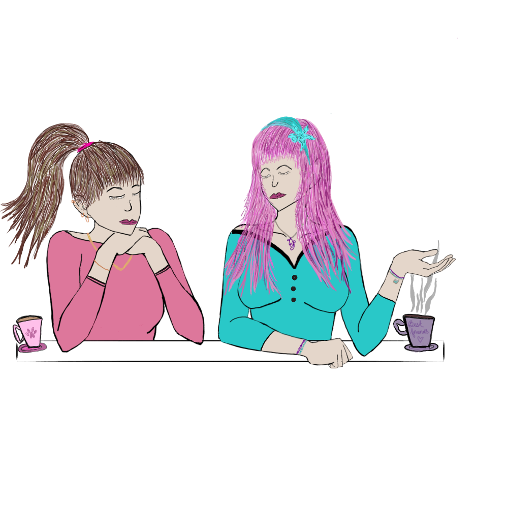 Two women drinking coffee and tea discussing personal development, mental health, personal growth, parenthood and being middle aged in a blog.